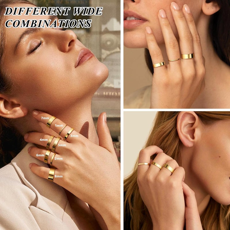 Adramata 1-8mm 14K Gold Plated Rings Stacking Rings for Women Stackable Rings Thin Band Rings Plain Pinky Thumb Finger Rings Trendy Mid Statement Rings Comfort Knuckle Rings Set - Image 3